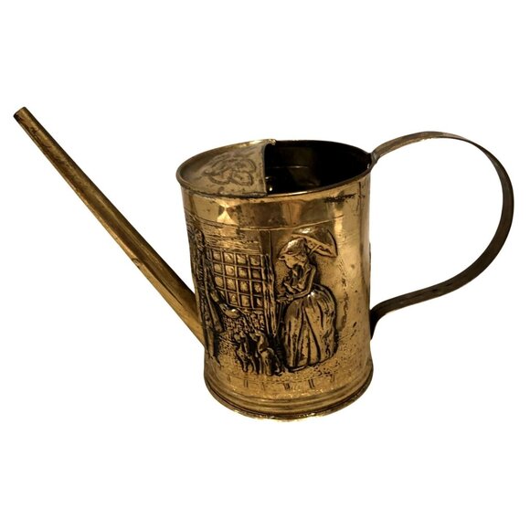 Vintage Brass Decorative Watering Can With Embossed Colonial Scene Design - Picture 1 of 14